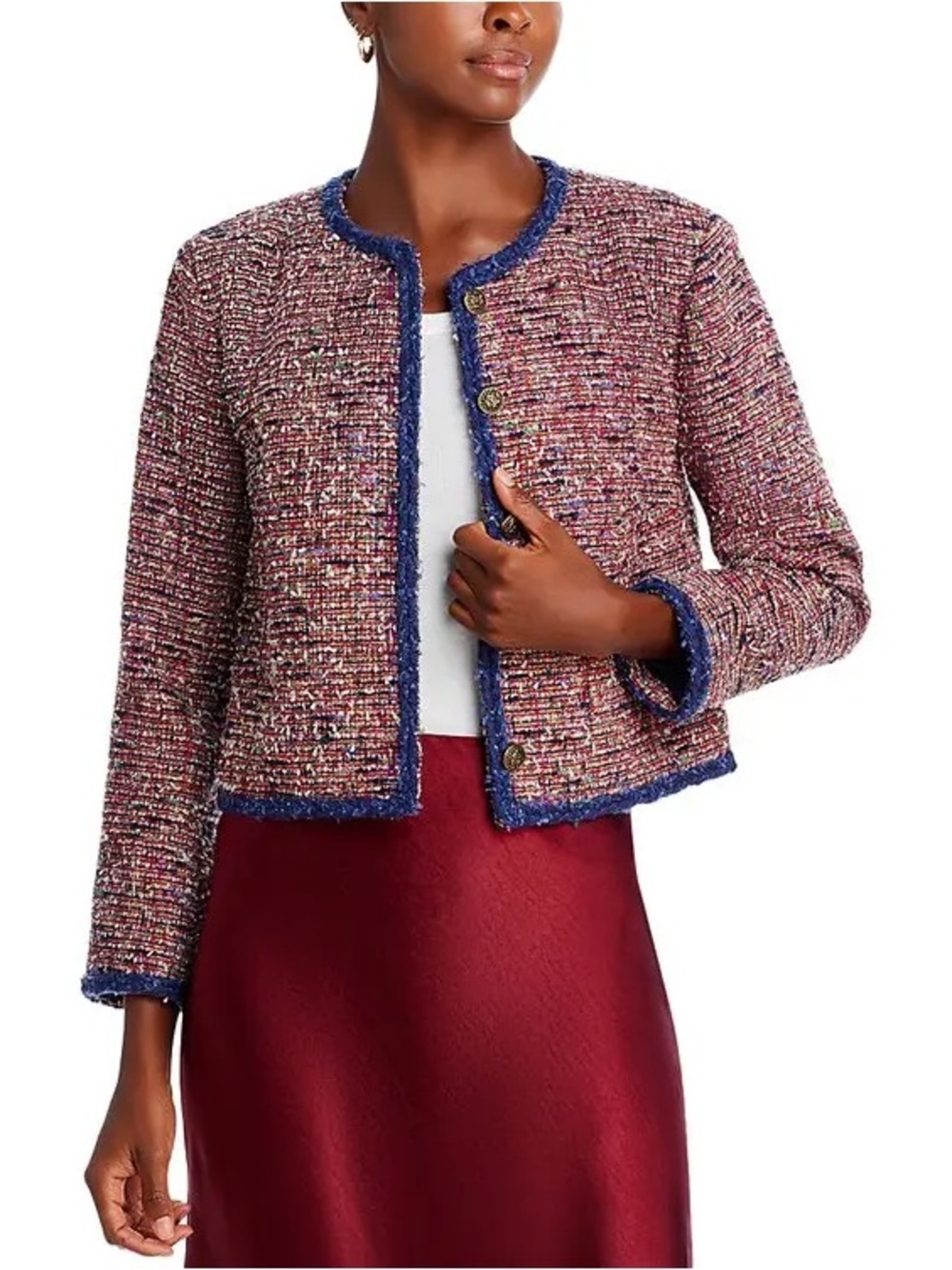 Aqua Multi-Pink Tweed Crop Jacket with Navy Trim